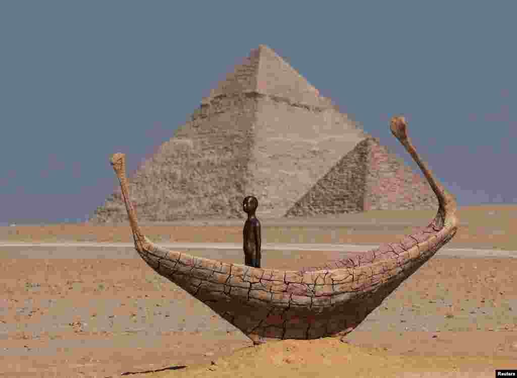 An art installation by visual artist Jean Marie Appriou titled "Vessel of Time" during the fourth edition of "Forever is Now", an international art exhibition in Giza Pyramids, on the outskirts of Cairo, Egypt.