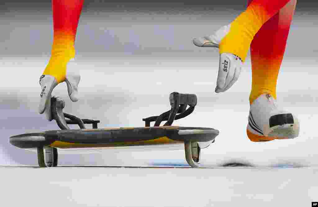 Christopher Grotheer of Germany starts during the men's Skeleton competition at the Bobsleigh and Skeleton World Championships in Altenberg, eastern Germany.