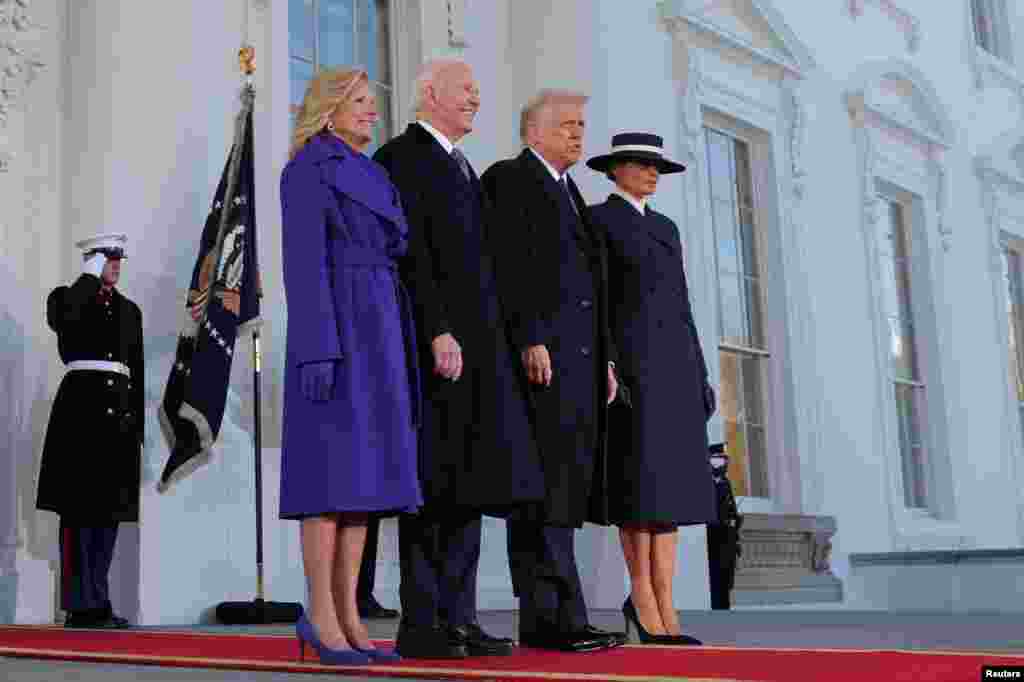 Tổng thống Hoa Kỳ Joe Biden và Đệ nhất Phu nhân Jill Biden chào đón người kế nhiệm, Tổng thống đắc cử Donald Trump và phu phân Melania Trump tại Nhà Trắng, ngày 20/1/2025. 