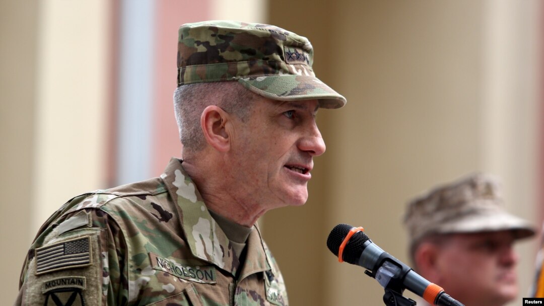 U.S. Army General John Nicholson speaks at a ceremony in which he takes command of NATO and U.S. forces, in Kabul, Afghanistan, March 2, 2016.