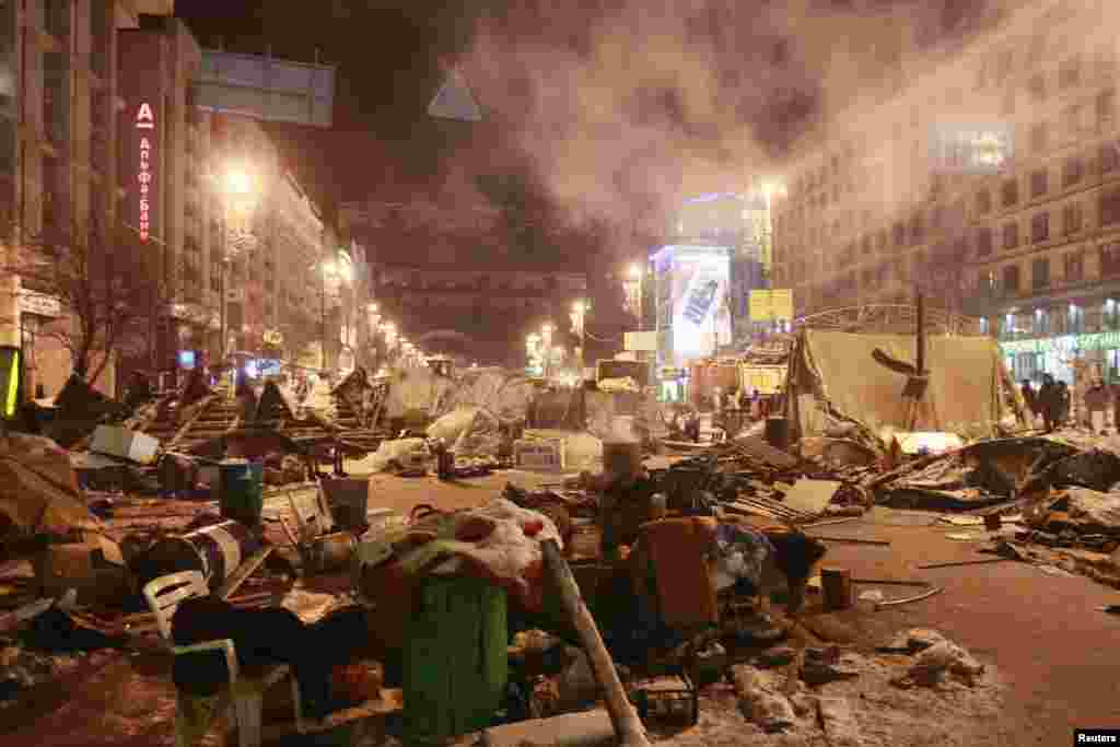 Tents and belongings of pro-European integration protesters are seen near Independence Square in Kyiv, Dec. 11, 2013.