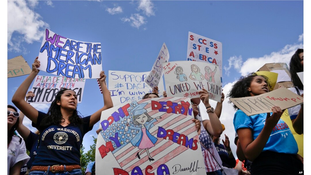 Supporters of Deferred Action for Childhood Arrival program (DACA) demonstrate in front of the White House, Sept. 9, 2017.