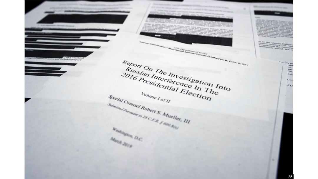 Four pages of special counsel Robert Mueller report on the witness table in the House Intelligence Committee hearing room on Capitol Hill, in Washington, April 18, 2019.