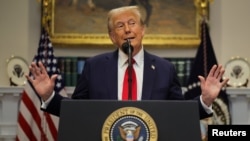Presidente dos Estados Unidos, Donald Trump, na Sala Roosevelt, na Casa Branca, Washington