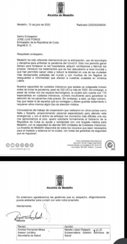 Mediante esta carta el alcalde de Medellín, Colombia, Daniel Quintero, solicito apoyo con personal médico al gobierno de Cuba. [Fuente Alcaldía de Medellín]