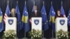 Kosovo's PM Hashim Thaci (C) U.S. Secretary of State Hillary Clinton (L) and High Representative for EU Foreign Policy Catherine Ashton (R) attend a joint news conference in Pristina, October 31, 2012. 