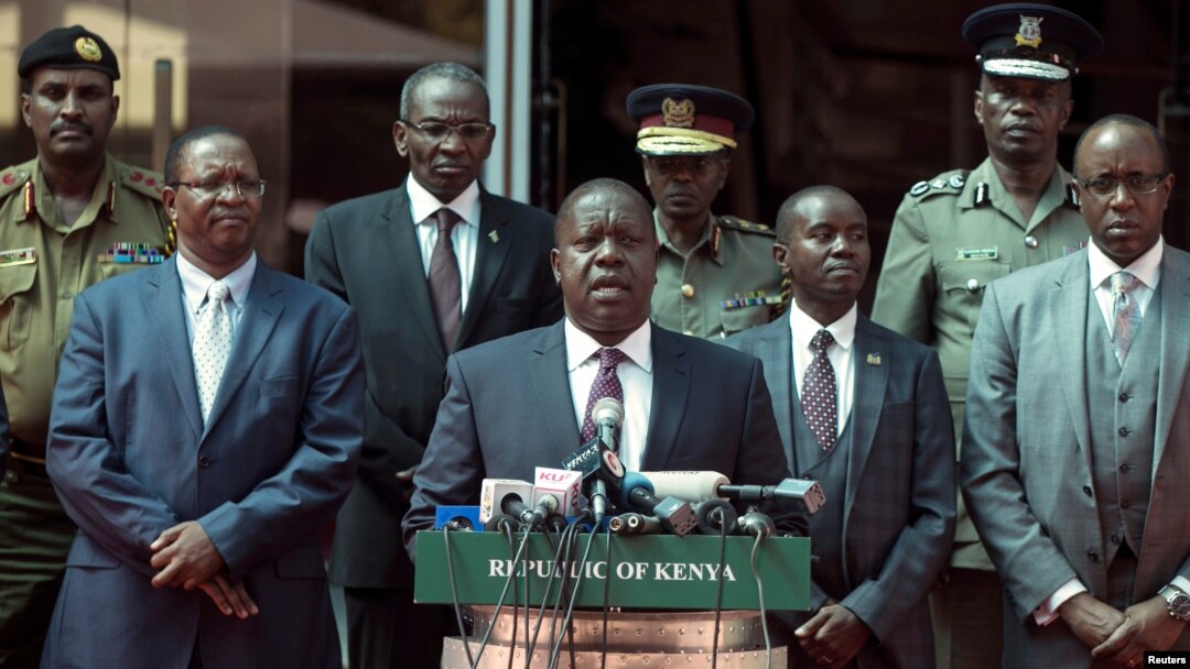 Kenya's Interior Minister Fred Matiang'i speaks during a press conference in Nairobi, Jan. 31, 2018. 