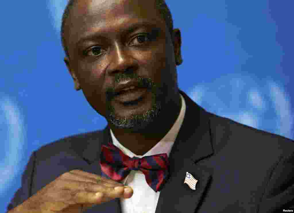 Axel Addy, Liberian Minister for Commerce and Industry, speaks at a news conference on the impact of Ebola at the United Nations European headquarters in Geneva, Sept. 30, 2014.