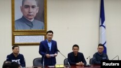 新當選的國民黨黨主席江啟臣在記者會講話。（2020年3月7日）