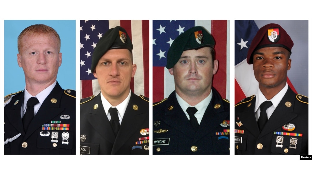 A combination photo of, from left, U.S. Army Special Forces Sergeant Jeremiah Johnson, U.S. Special Forces Sgt. Bryan Black, U.S. Special Forces Sgt. Dustin Wright and U.S. Special Forces Sgt. La David Johnson killed in Niger, Oct. 4, 2017.