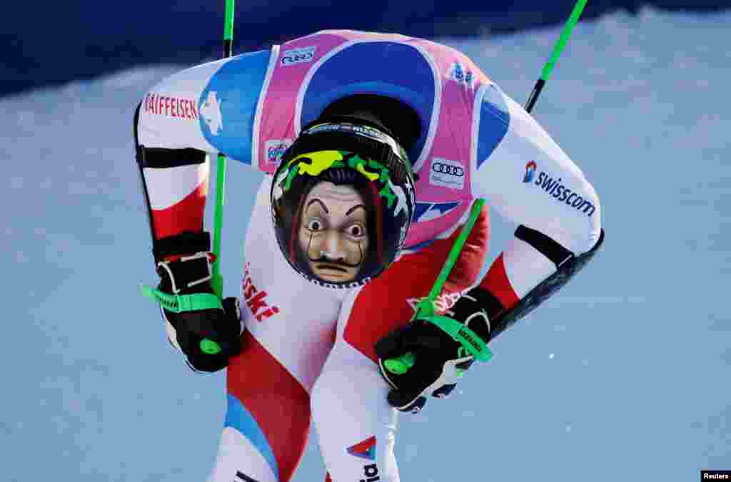 Switzerland's Justin Murisier competes in the second run of the Men's giant slalom race at the FIS Alpine Skiing World Cup in Adelboden, Switzerland, Jan. 11, 2020.