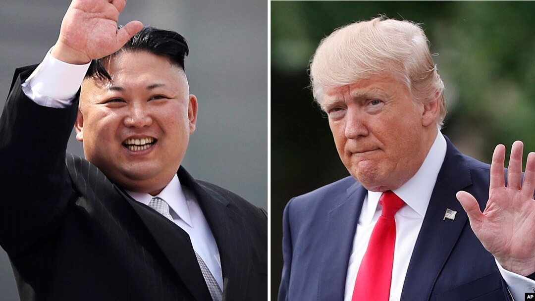 FILE - This combination of photos show North Korean leader Kim Jong Un on April 15, 2017, in Pyongyang, North Korea, left, and U.S. President Donald Trump in Washington on April 29, 2017.