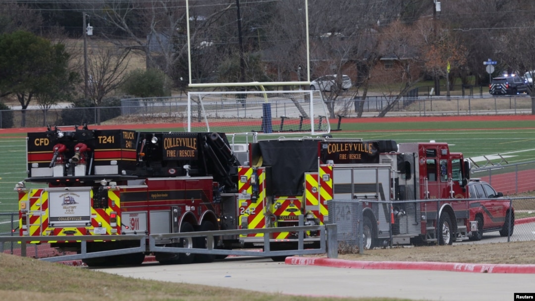 Emergency responders are seen near a synagogue where a man has reportedly taken people hostage during services in Colleyville, Texas, Jan. 15, 2022. 