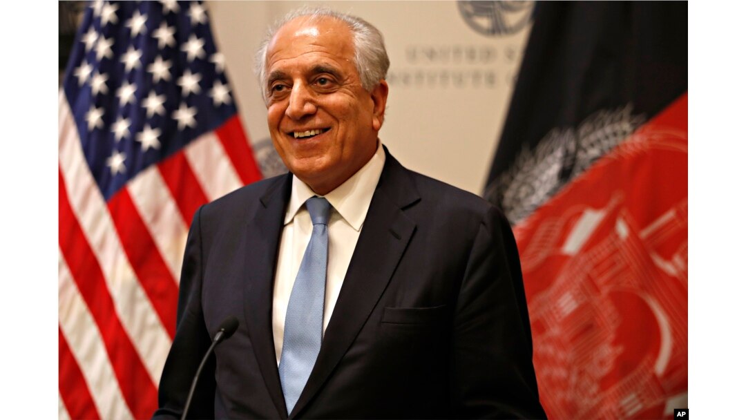Special Representative for Afghanistan Reconciliation Zalmay Khalilzad approaches the microphone to speak on the prospects for peace, Feb. 8, 2019, at the U.S. Institute of Peace, in Washington.
