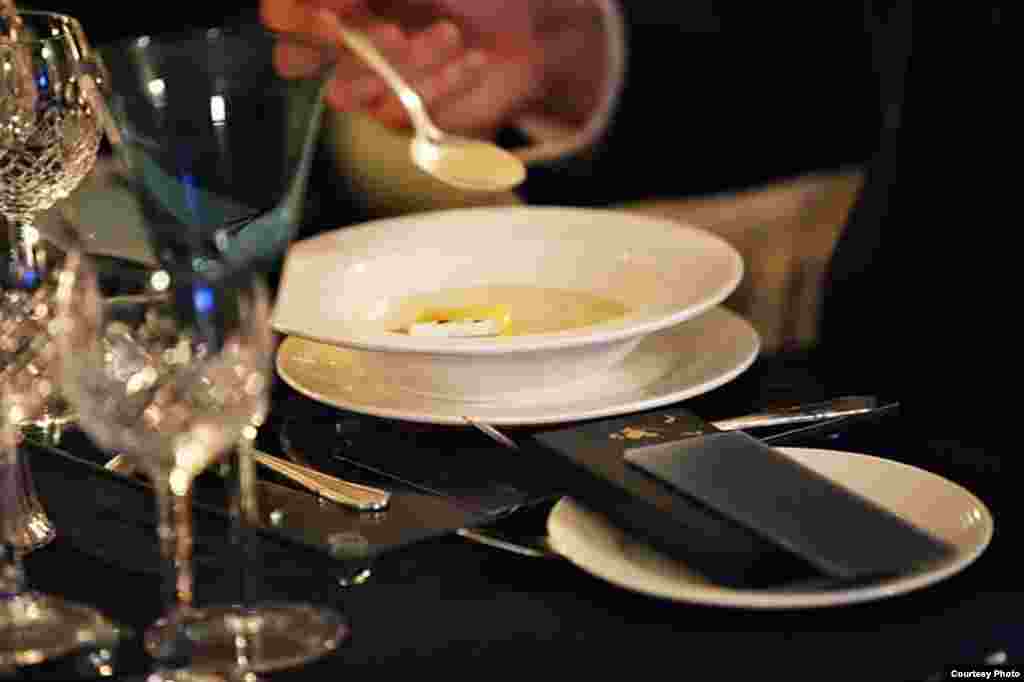 Dining skills are sensible. “You tip the soup bowl and spoon away from you so that it doesn’t drop onto you.” (Photo courtesy School of Etiquette)