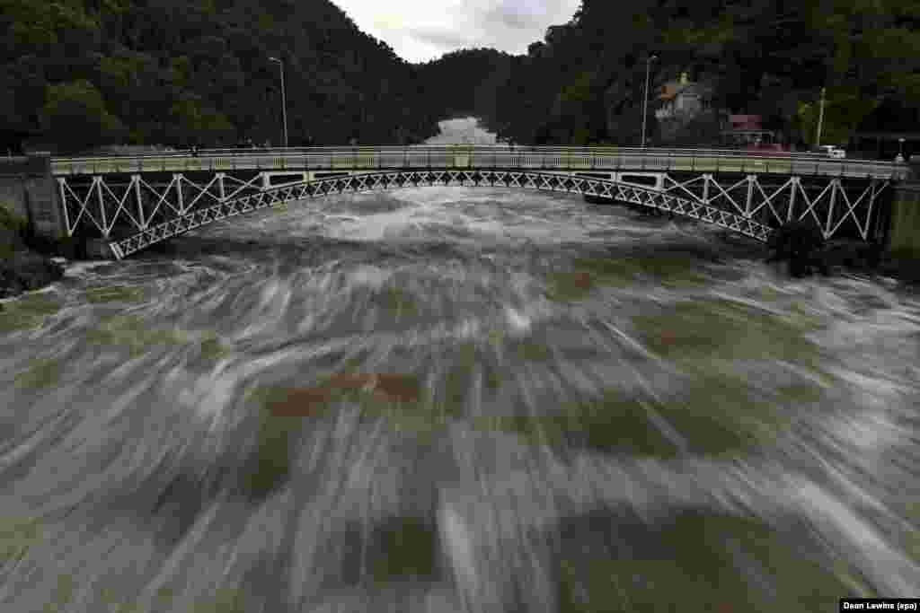 Flood waters race through Cataract Gorge in the city of Launceston, Tasmania, Australia.