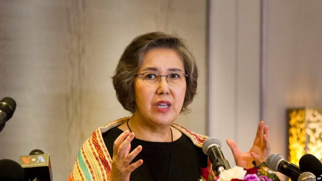 FILE - Yanghee Lee, U.N. Human Rights Special Rapporteur to Myanmar, talks to journalists during a press briefing, July 21, 2017, in Yangon, Myanmar. 