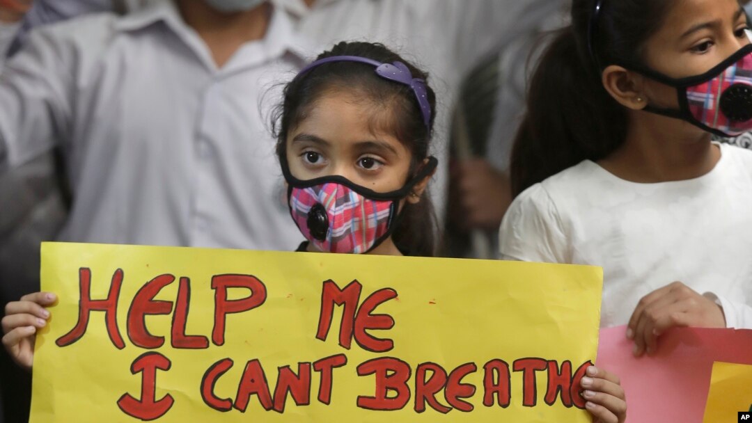An Indian girls holds a banner during a protest against air pollution in New Delhi, India, Nov. 6, 2016. 