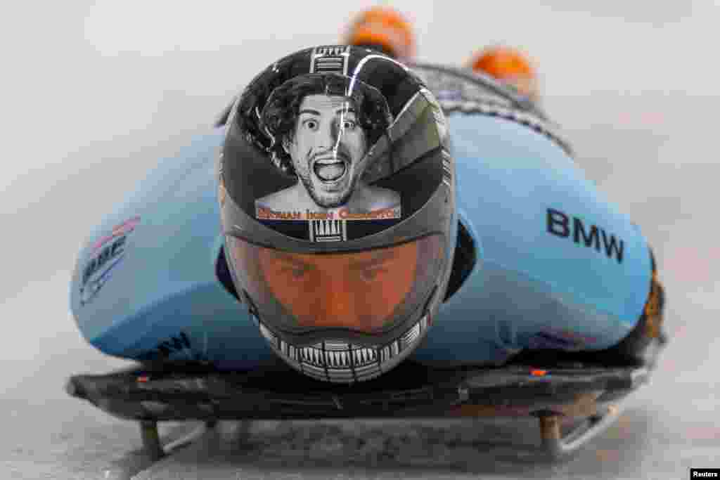 American Samoa's Nathan Crumpton competes during the first run of men's skeleton at the Bobsleigh and Skeleton World Championships in Altenberg, eastern Germany.