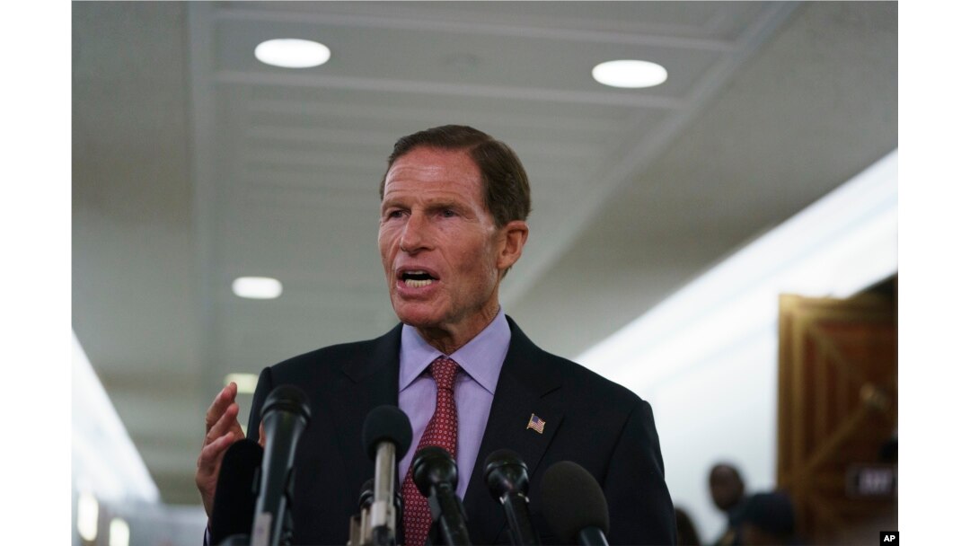 FILE - Senate Judiciary Committee member Sen. Richard Blumenthal, D-Conn., talks to media after a Senate Judiciary Committee hearing on Capitol Hill in Washington, Sept. 28, 2018.