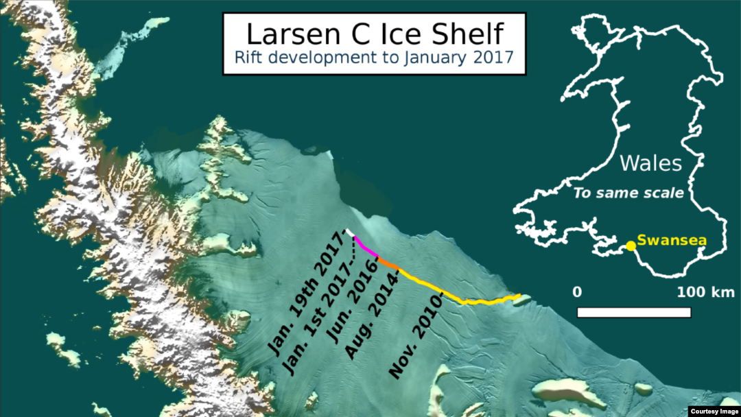 The current location of the rift on Larsen C, as of January 19 2017.