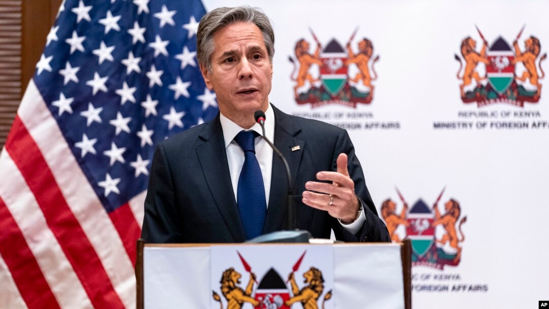 Secretary of State Antony Blinken speaks during a news conference with Foreign Affairs Secretary Raychelle Omamo at a news conference at the Serena Hotel in Nairobi, Kenya, Nov. 17, 2021. 