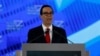U.S. Secretary of the Treasury Steven Mnuchin speaks at a conference in Riyadh, Saudi Arabia, Oct. 25, 2017. Along with six Gulf States, the U.S. Treasury Department on Wednesday imposed sanctions on several individuals and entities accused of supporting the Islamic State and al-Qaida in Yemen.