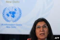 Rashida Manjoo gives a news conference in New Delhi, India, May 01 2013.