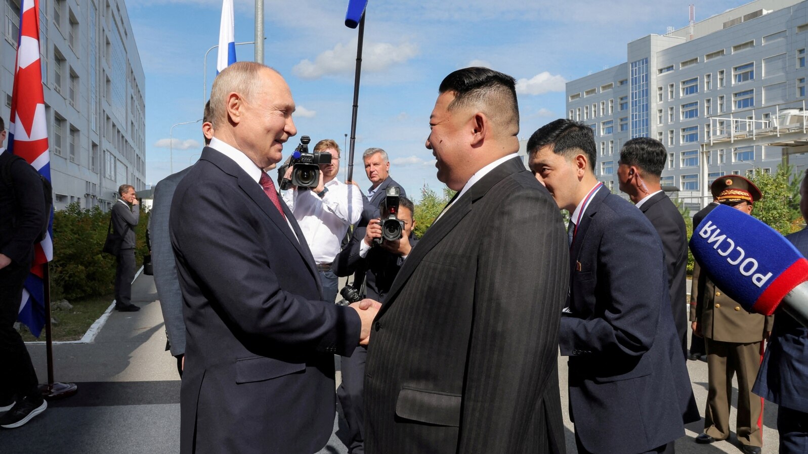 North Korean leader Kim Jong Un meets Russian President Vladimir Putin at the Vostochny Cosmodrome in the Amur Oblast of the Far East Region, Russia, Sept. 13, 2023. (KCNA via Reuters)