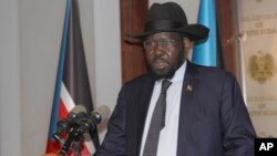 FILE - President of South Sudan Salva Kiir speaks at the presidential palace in Juba, July 9, 2017.
