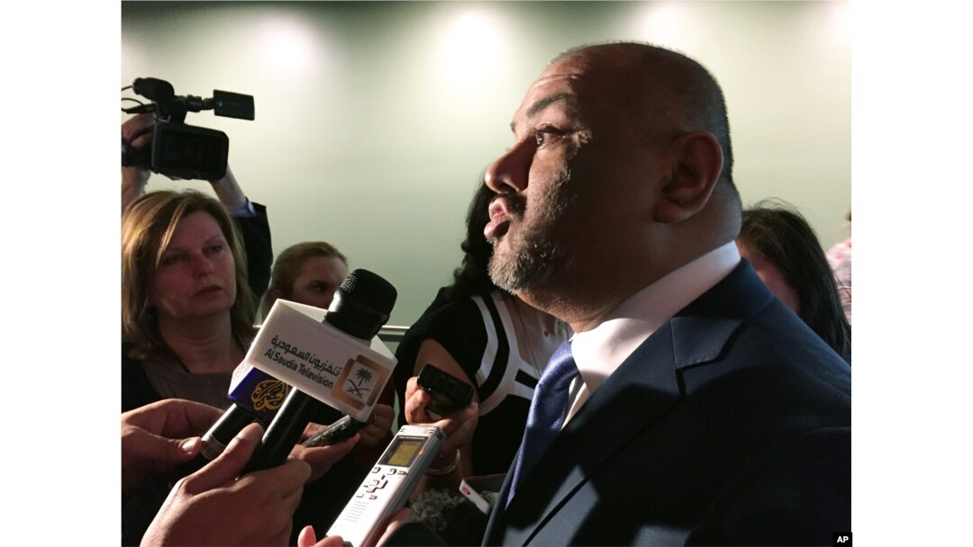 FILE - Yemen's U.N. ambassador, Khaled Alyemany, speaks to reporters at the United Nations, May 20, 2015.
