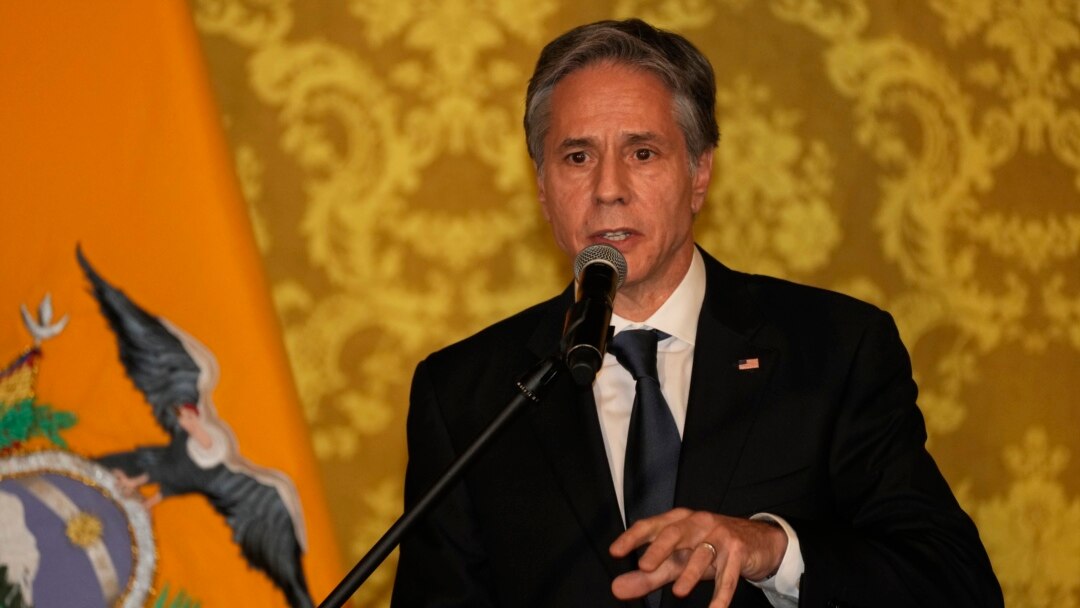 U.S. Secretary of State Antony Blinken talks during a press conference at government palace in Quito, Ecuador, Oct. 19, 2021.