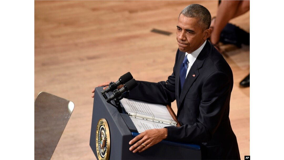 President Barack Obama speaks an interfaith memorial service for the fallen police officers and members of the Dallas community, July 12, 2016, at the Morton H. Meyerson Symphony Center in Dallas.