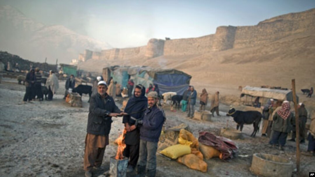 Afghan men stand next to a fire on a cold morning in an open livestock market near Bala Hissar, an old fortress, in Kabul, Afghanistan, January 10, 2012.