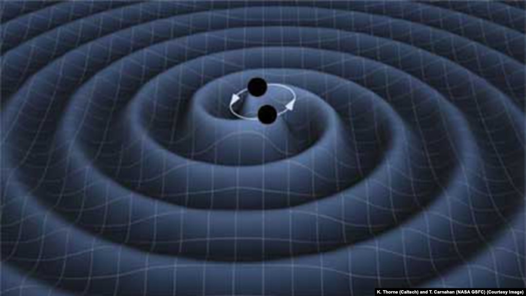 FILE - An artist's impression of two black holes circling each other, creating gravitational waves.