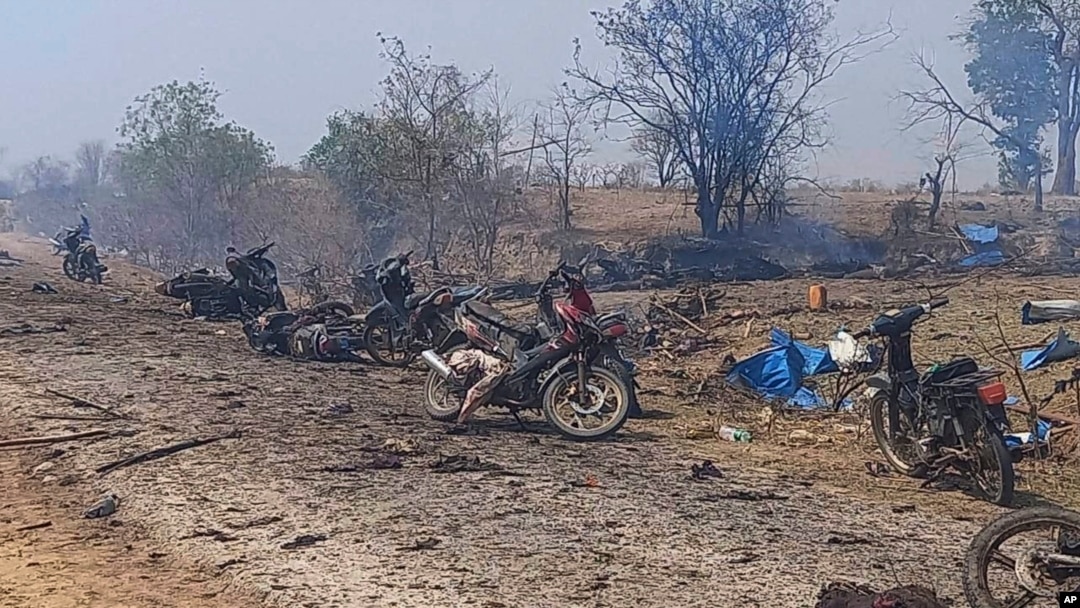 FILE - This photo provided by the Kyunhla Activists Group shows aftermath of an airstrike in Pazigyi village in Sagaing Region's Kanbalu Township, Myanmar, April 11, 2023. 