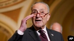 FILE - Senate Majority Leader Chuck Schumer of New York speaks during a news conference after the weekly Democratic policy luncheon on Capitol Hill in Washington, Dec. 7, 2021.