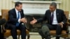  President Barack Obama reaches to shakes hands with with Peru's President Ollanta Humala in the Oval Office of the White House in Washington, June 11, 2013.