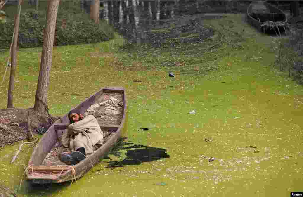 Seorang pria Kashmir tidur di sebuah sampan di Danau Anchar yang ditutupi ganggang di Srinagar, India.