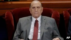 FILE - In this, April 1, 2017, photo, The Church of Jesus Christ of Latter-day Saints President Thomas Monson looks on during the morning session of the two-day Mormon church conference in Salt Lake City. 