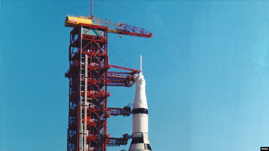 The Apollo 11 Saturn V rocket is being moved to the pad aboard the Mobile Launch Platform (MLP) at Cape Canaveral May, 1969.