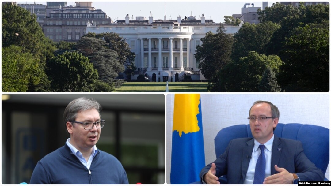 ILUSTRACIJA - Kolaž fotoghrafija na kojima su Bela kuća, predsednik Srbije Aleksandar Vučić i premijer Kosova Avdulah Hoti (Foto: VOA)