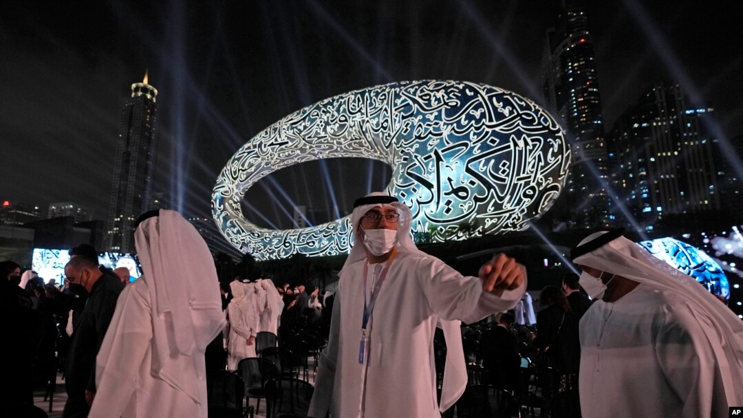 People leave after the opening ceremony of the Museum of the Future, an exhibition space for innovative and futuristic ideas, in Dubai, United Arab Emirates, Feb. 22, 2022.