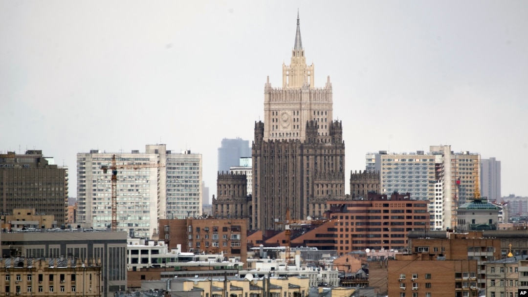 FILE - The building of the Russian Foreign Ministry, center, is seen in Moscow, Russia, March 28, 2018.