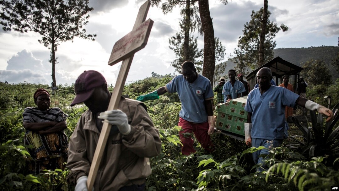 Health workers carry a coffin containing a victim of Ebola virus on May 16, 2019 in Butembo.