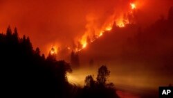 FILE - The Delta Fire burns in the Shasta-Trinity National Forest, California, Sept. 6, 2018. 