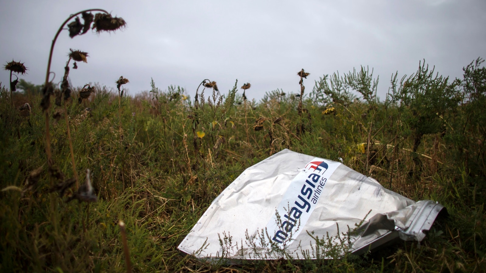 FILE - A piece of wreckage of the downed Malaysia Airlines flight MH17 is seen near the village of Hrabove, Donetsk region, eastern Ukraine, Sept. 9, 2014.