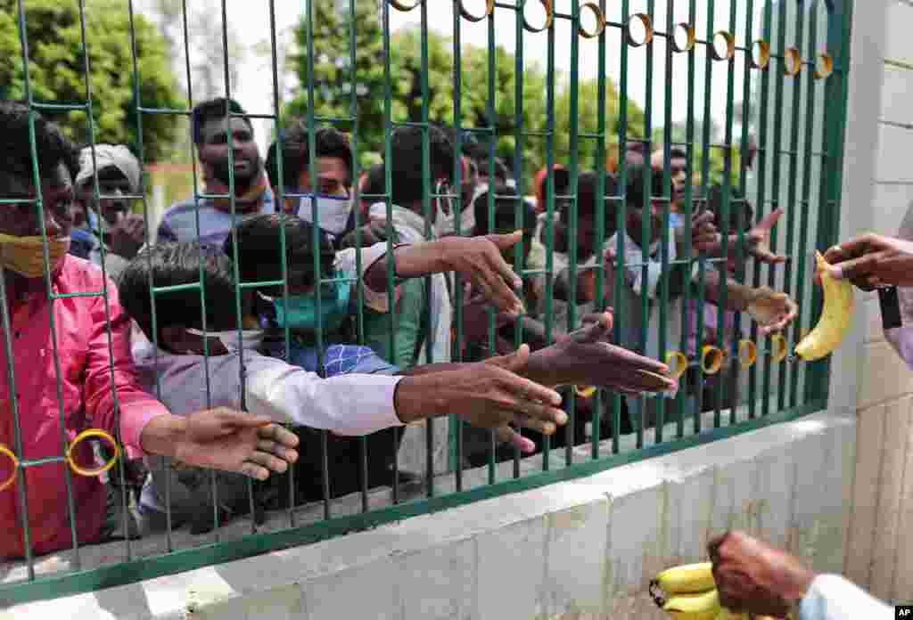 People who arrived from neighboring Madhya Pradesh state stretch their hands out to receive a banana before boarding a bus to be taken back to their native homes in Uttar Pradesh state in Prayagraj, India.