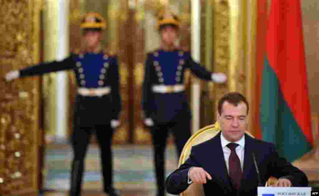 Russian President Dmitry Medvedev takes part in the meeting of heads of states of the Supreme Eurasian Economic Council, in the Moscow Kremlin, Moscow, Russia, Monday, Dec. 19, 2011. The meeting is a part of a summit of the Eurasian Economic Council, an