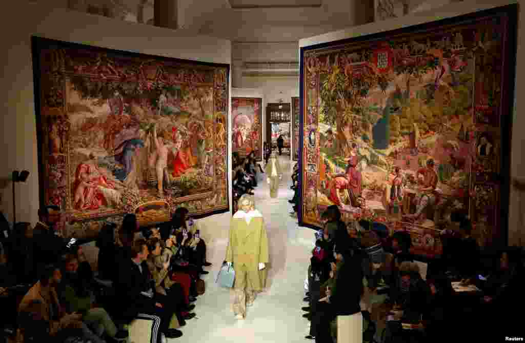 A model presents a creation by designer Bruno Sialelli as part of his Fall/Winter 2020/21 women's ready-to-wear collection show for fashion house Lanvin during the Paris Fashion Week, France.